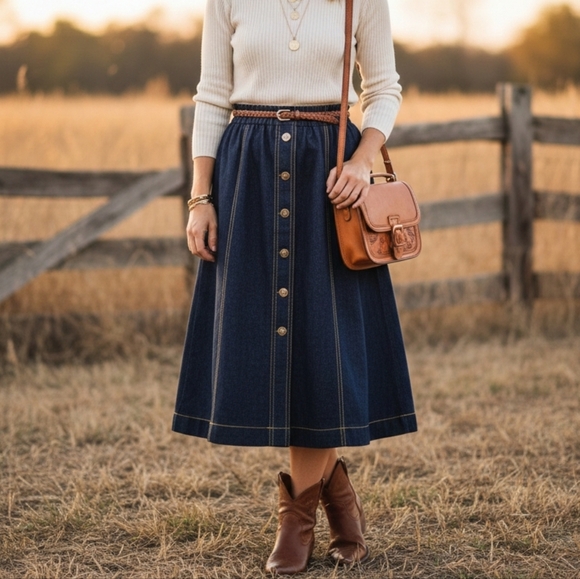 Vintage Graff Californiawear Blue Faux Denim A-Line Midi Skirt – Sz L/XL - Picture 2 of 10